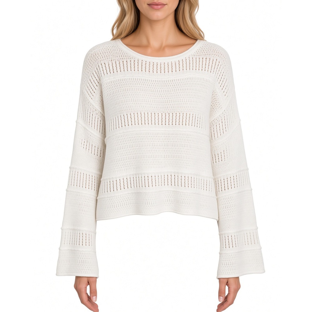 No Boundaries Womens Large White Knit Cropped Sweater Bell Sleeve Pointelle Boho